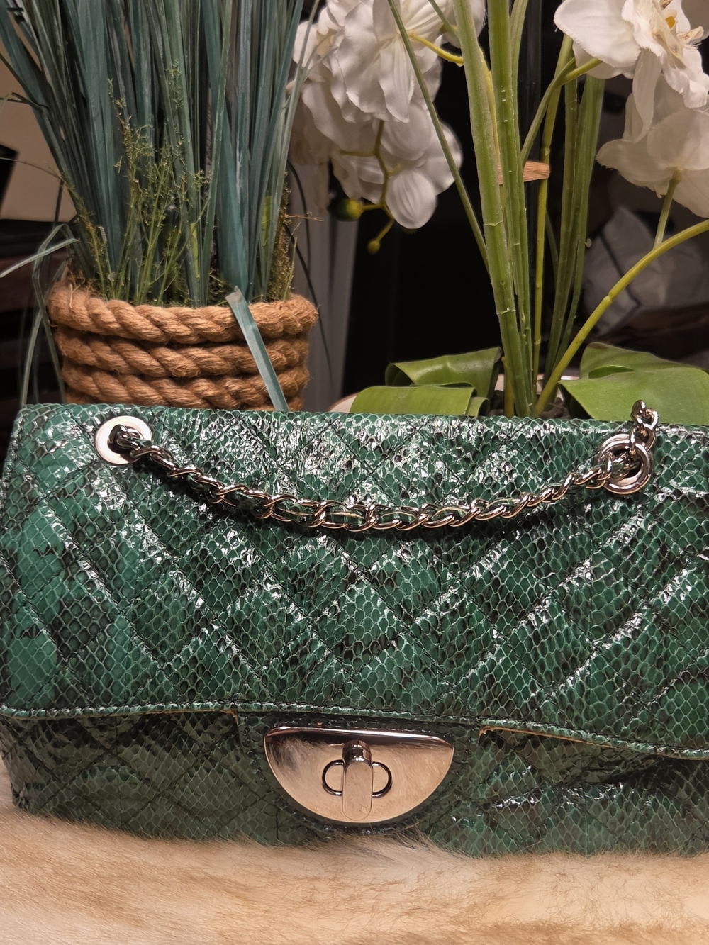 Emerald Quilted Snake-Texture Chain Shoulder Bag, Real Leather
